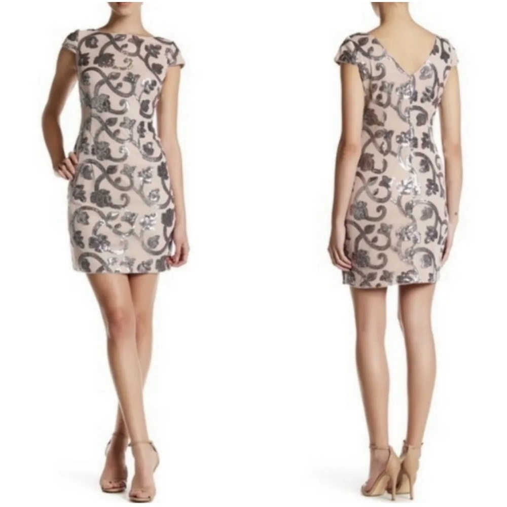 ADRIANNA PAPELL WOMEN MESH OVERLAY SEQUINS VINE MINI DRESS SIZE 6 FORMAL WEDDING